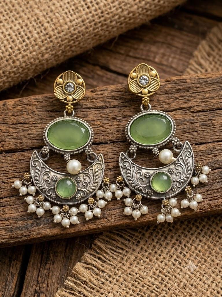 Oxidised Dual Tone with Green Stone and Pearl Hangings