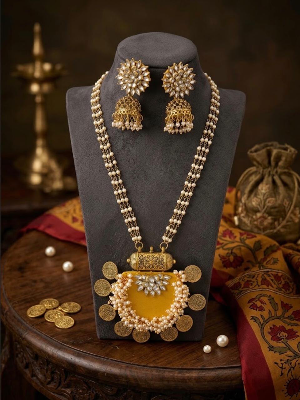 Long Layerd Pearl neklace Paired with Jumka