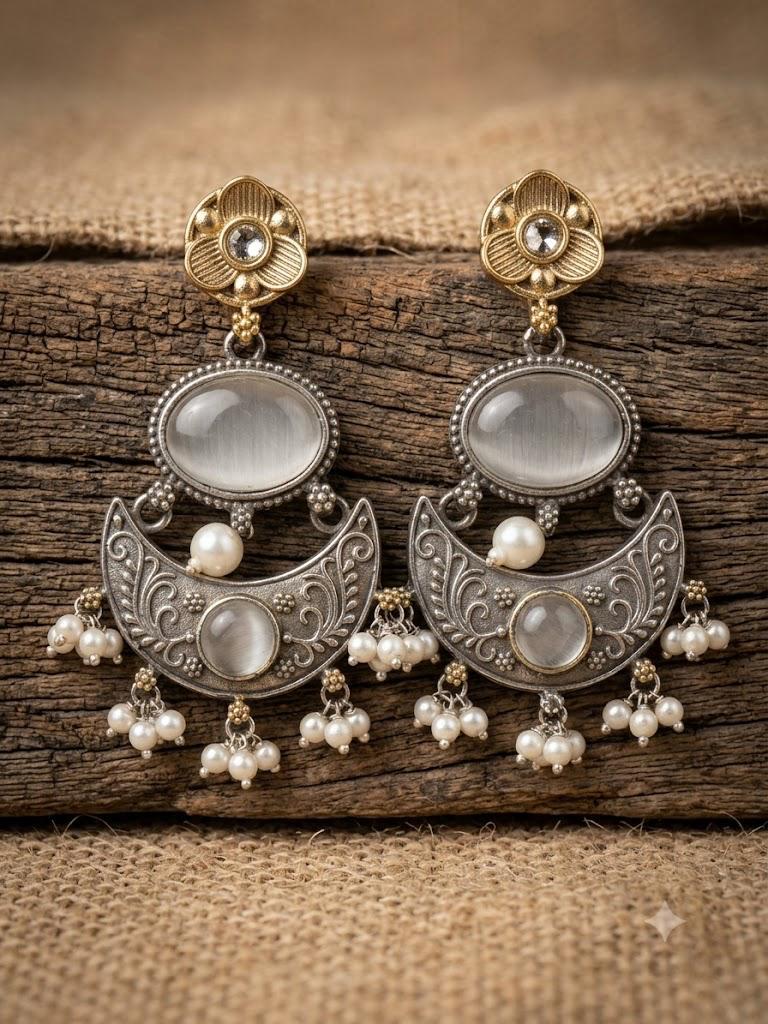 Oxidised Dual Tone with Grey Stone and Pearl Hangings