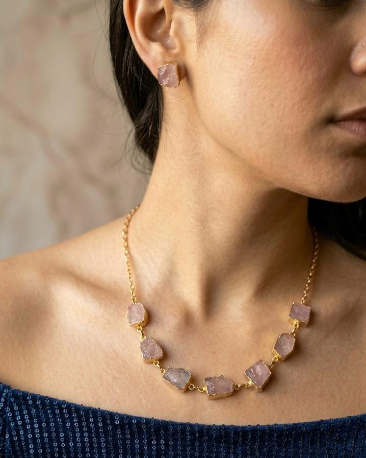 Uncut  Raw rose quartz stone short chain paired with stud