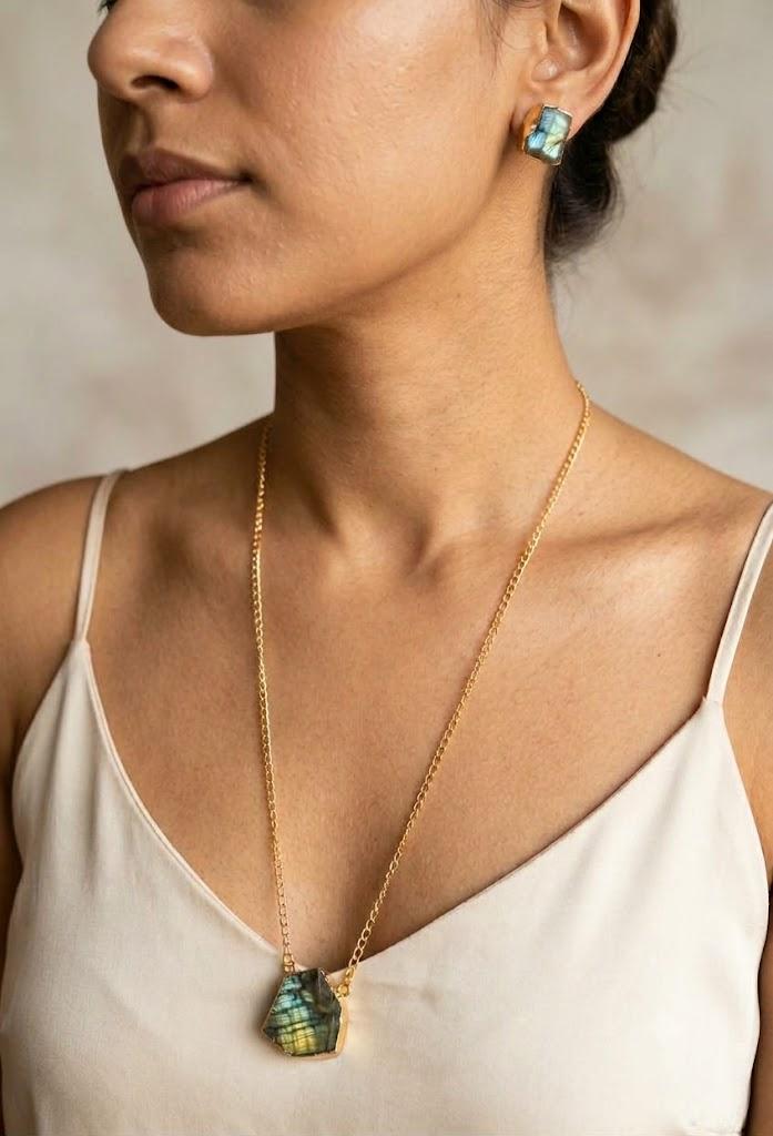 Uncut  Raw Labrodite stone Long chain paired with stud