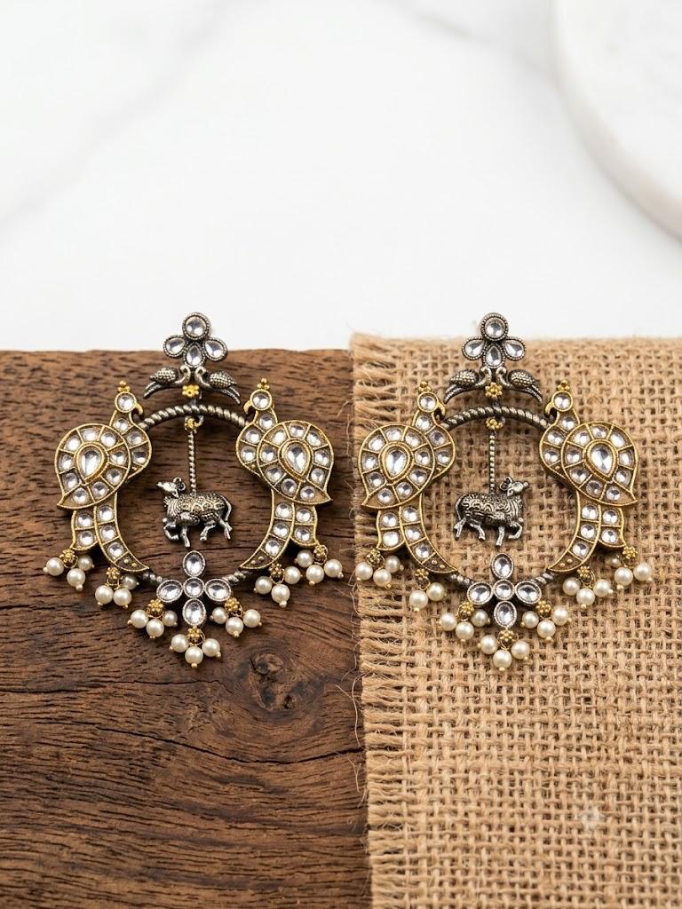 Oxidised Statement Dual Tone Earring with White Stones