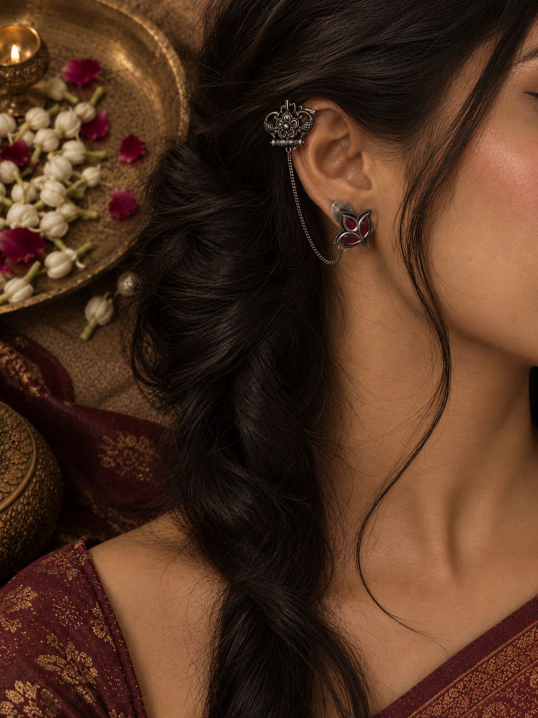 Oxidised Red Earring with Bugadi Chain