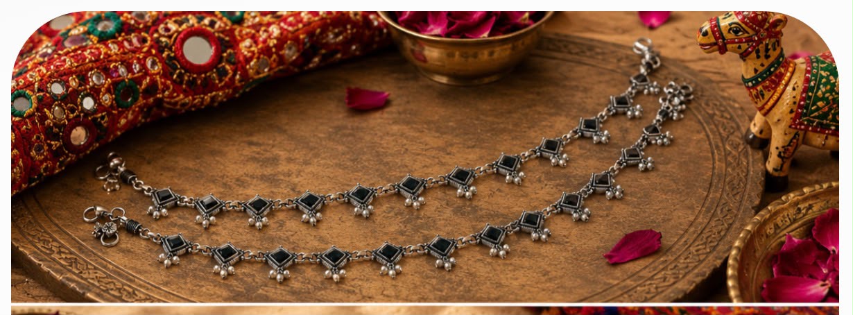 Oxidised Black Anklet with Black stone and pearl hanging