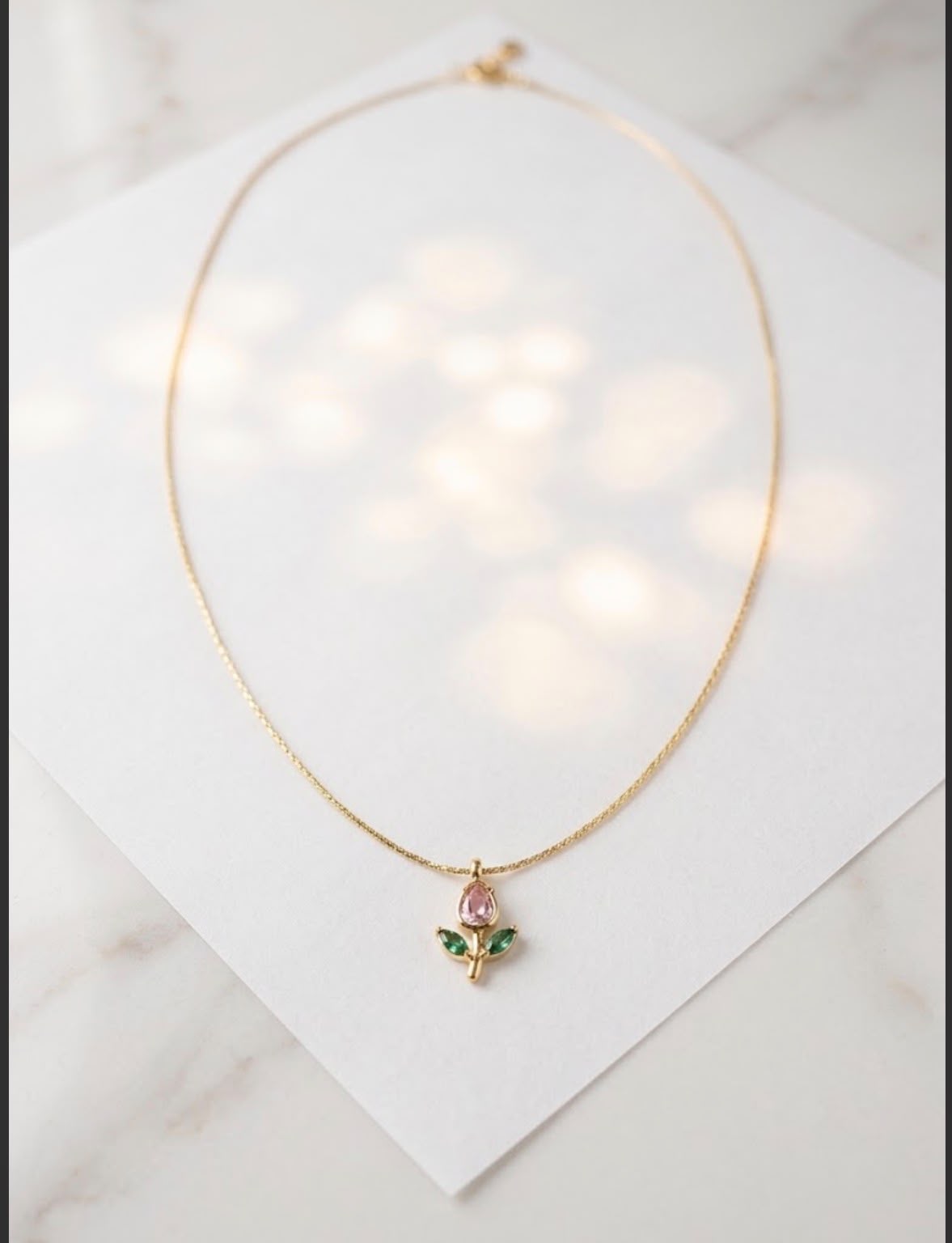 Single Small Green and pink Tulip blossom penant in chained necklace