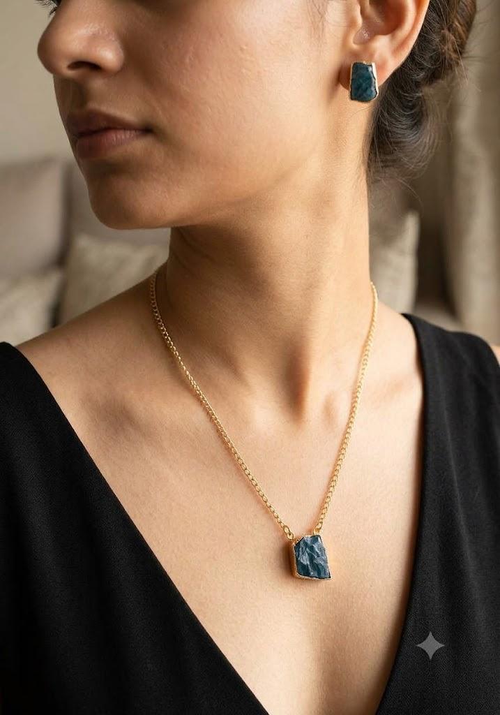 Uncut  Raw Blue Apatite stone Long chain paired with stud