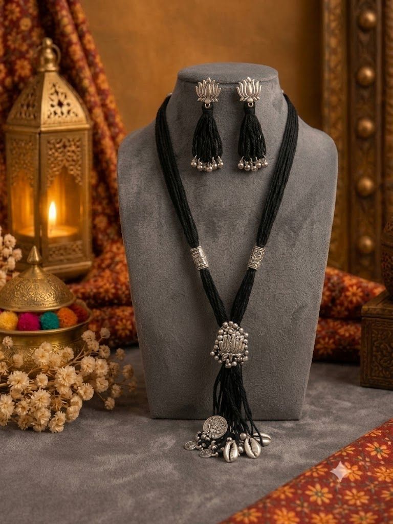 Adjustable Black Thread with Lotus Oxidised Pendant and Earring