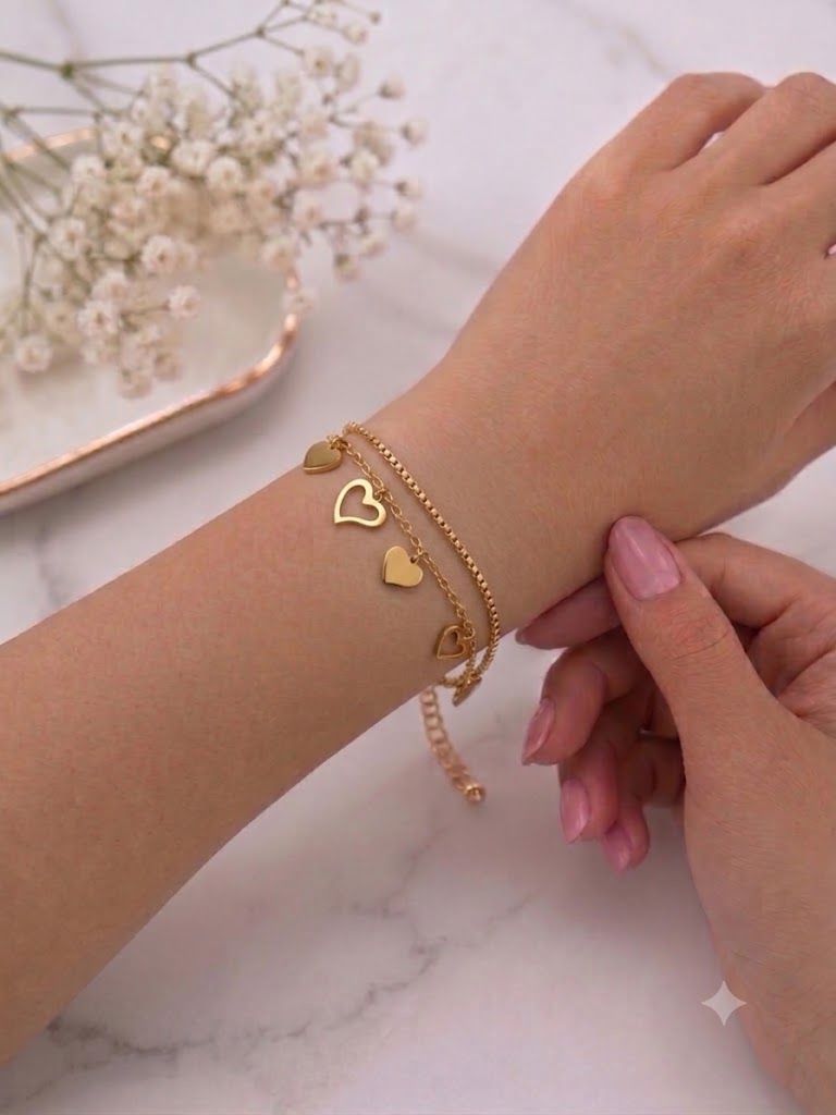 Multi strand gold link chain with heart shape charms necklace