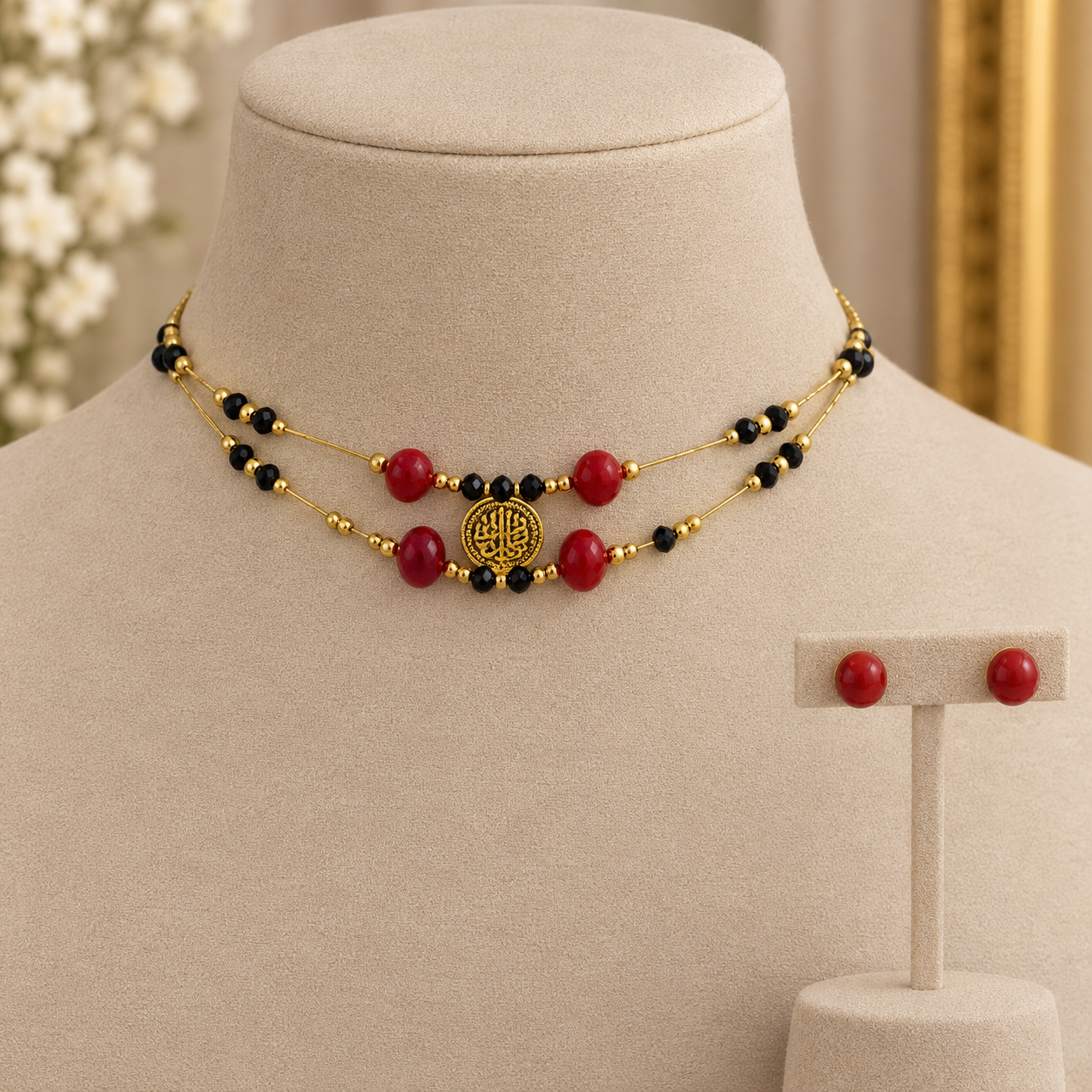 Red Lucky Seed with Oxidised Threaded Long chain with Paired earring
