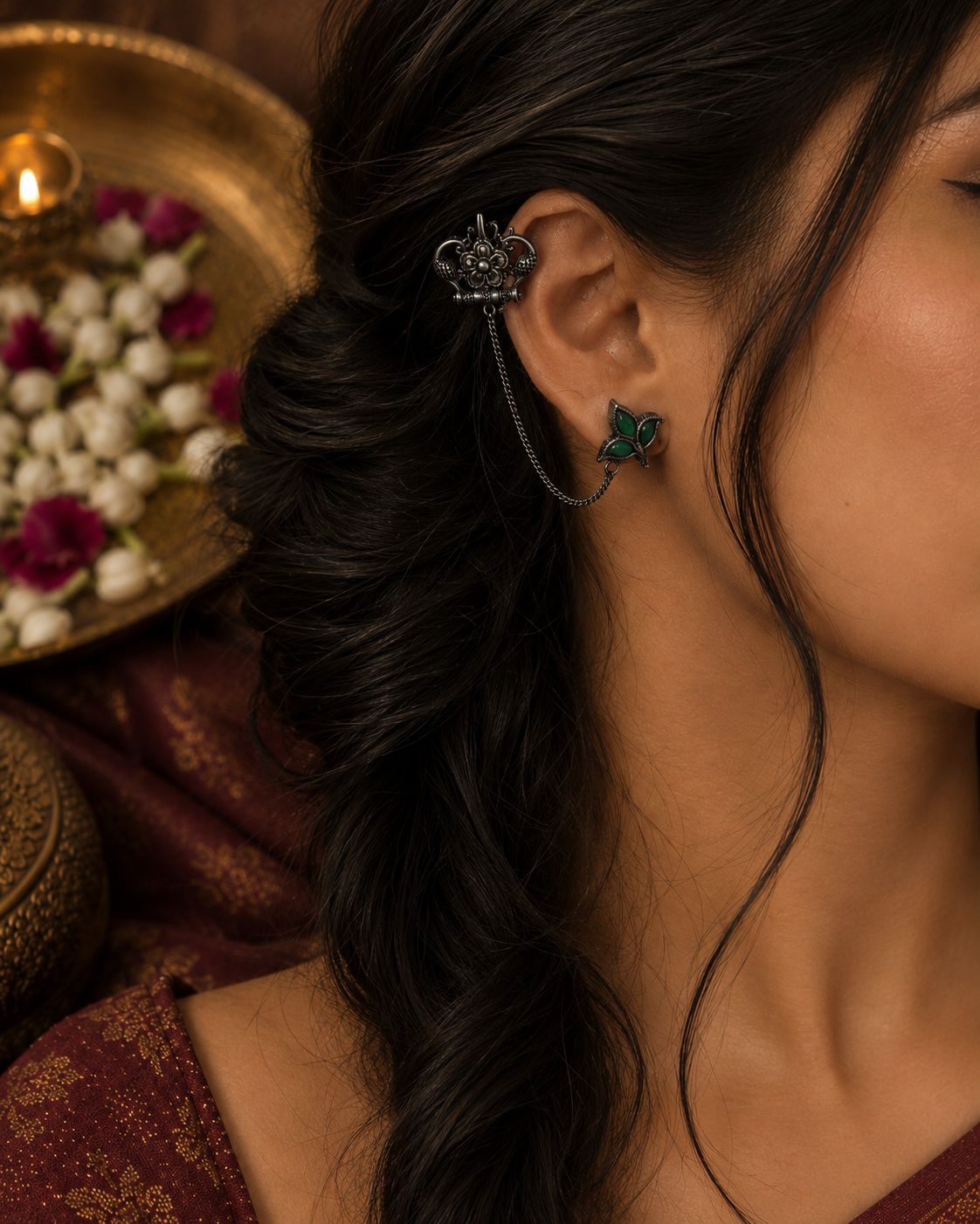 Oxidised Green Earring with Bugadi Chain