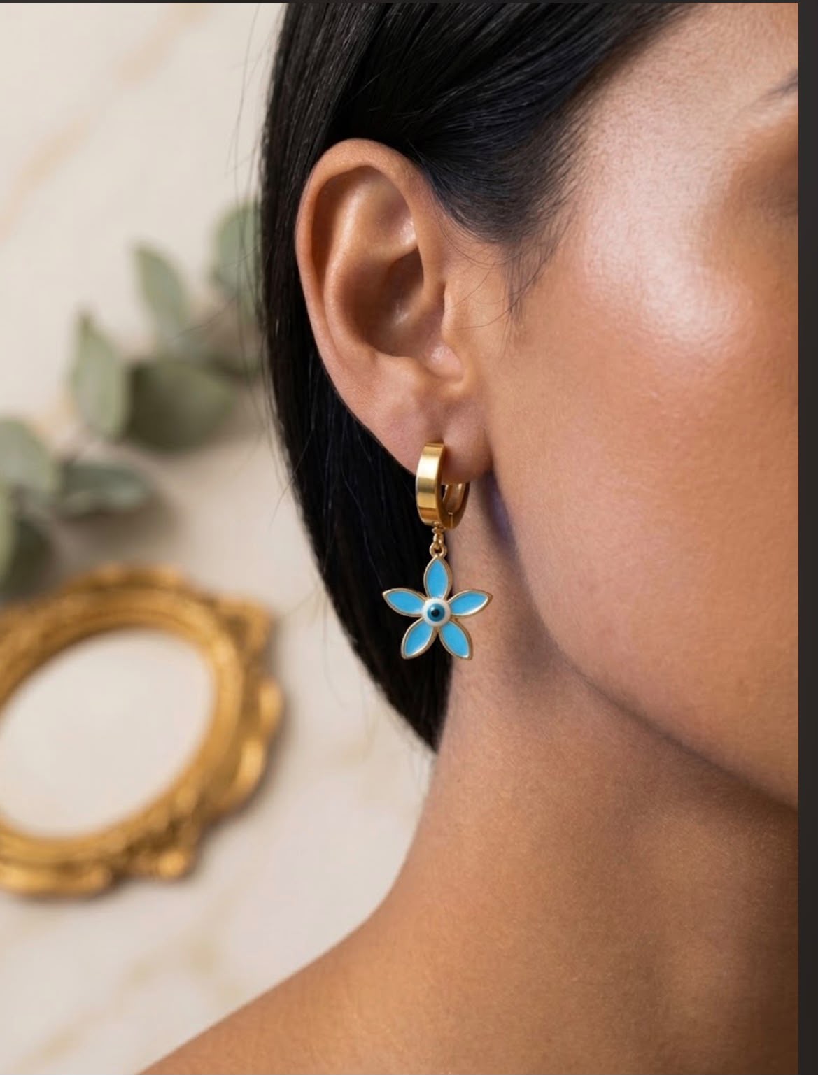 Blue Enamel flower with ring hanging