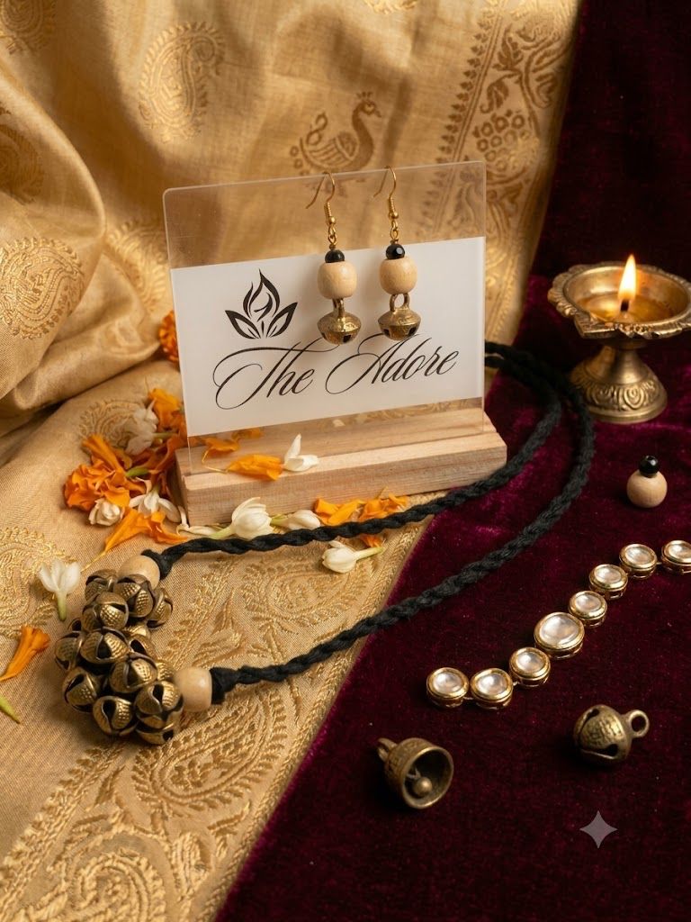 Ghunagaroo pendant black threaded long chain paired with earring