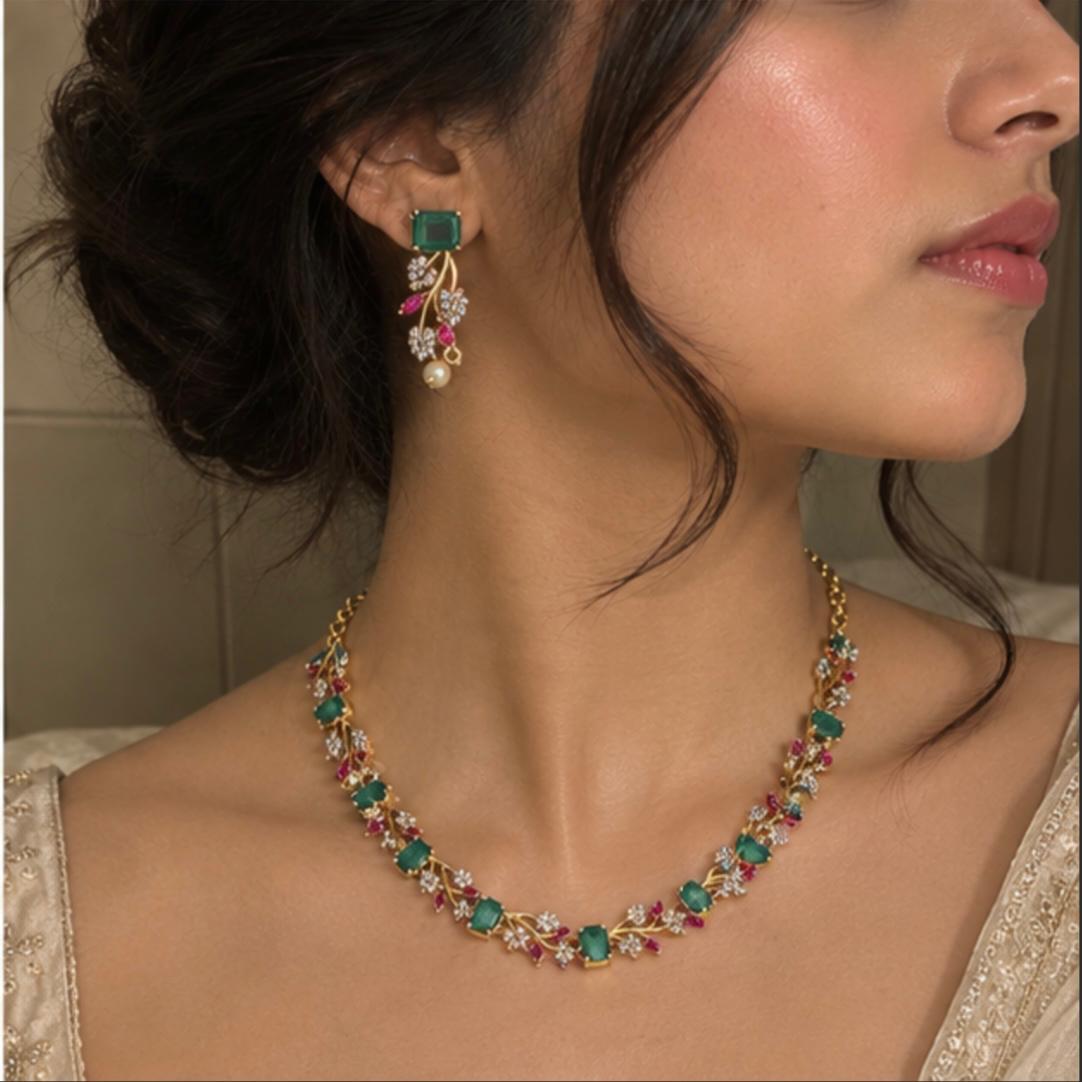 Majenta with Green AD stone Neclace paired with earring Gold colour base