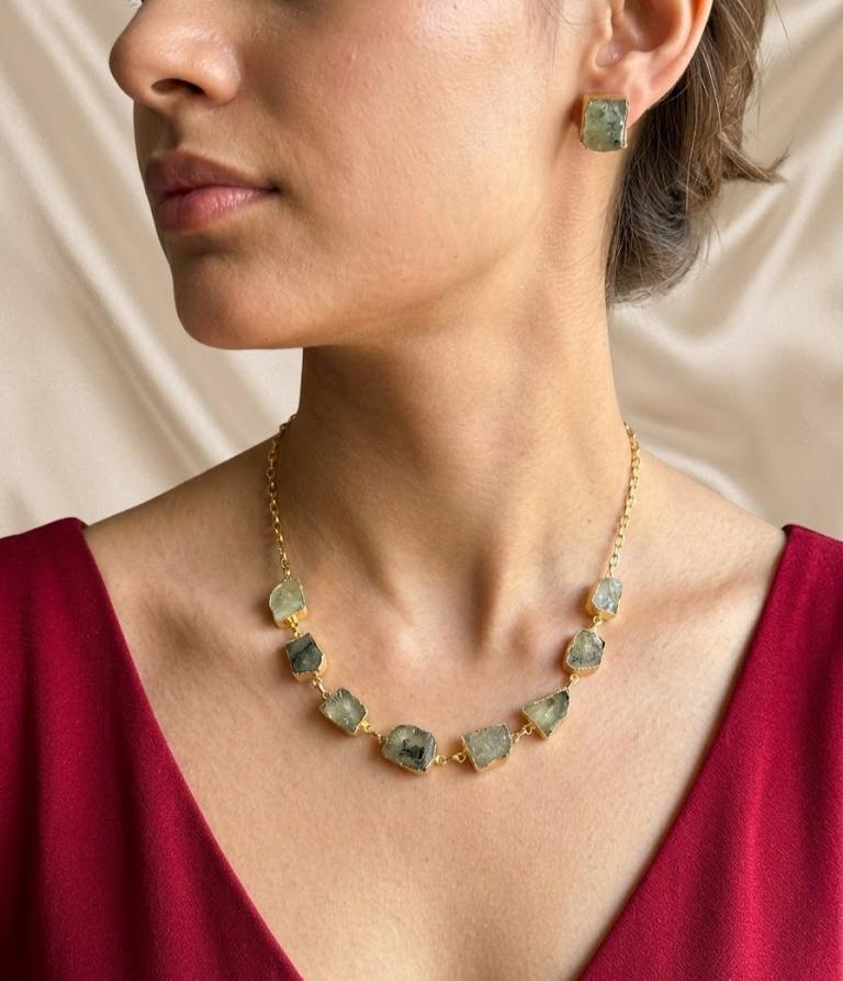 Uncut  Raw  Natural green Prehnite stone short chain paired with stud