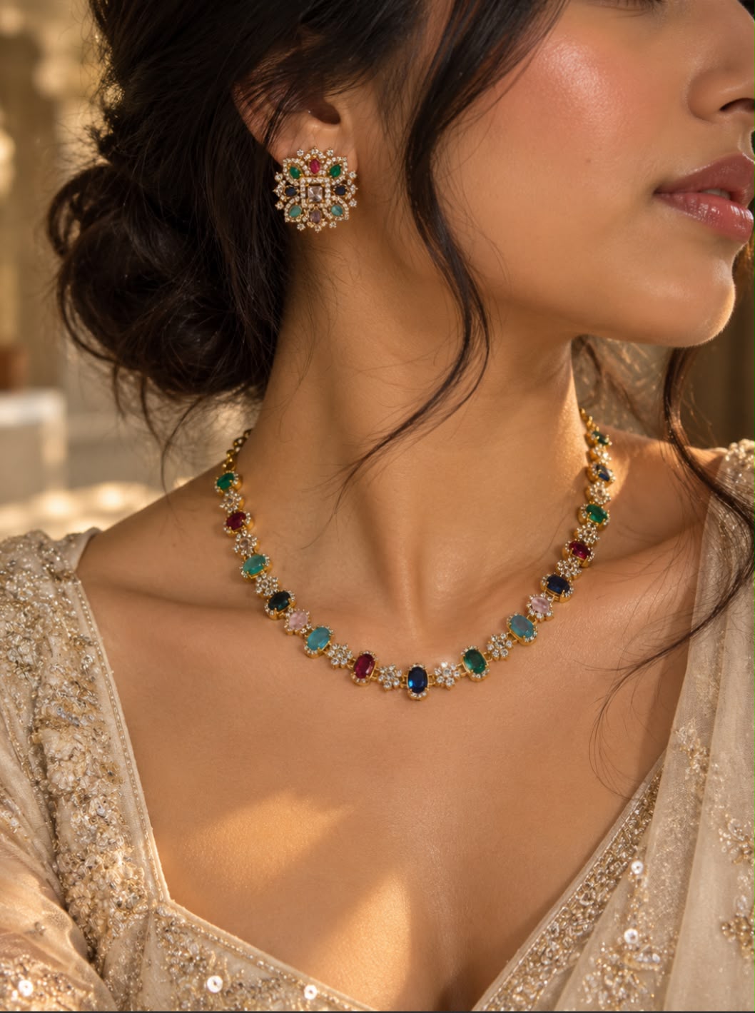 Multi coloured AD necklace with  Paired with Stud Gold colour base