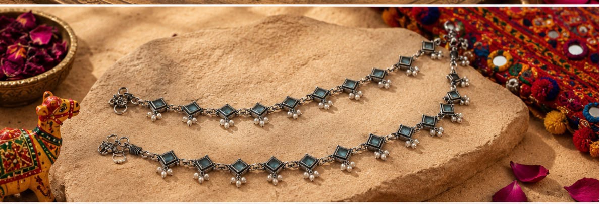 Oxidised Black Anklet with Mint stone and pearl hanging