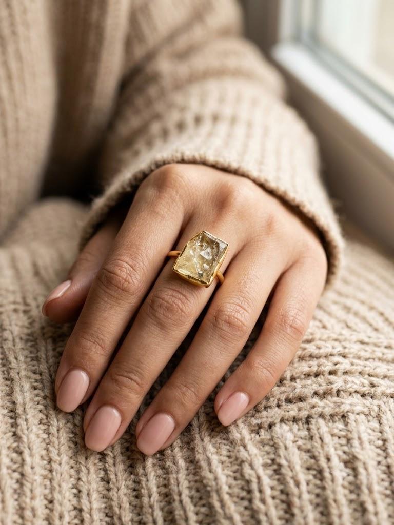 Rough Citrine stone single statememt ring