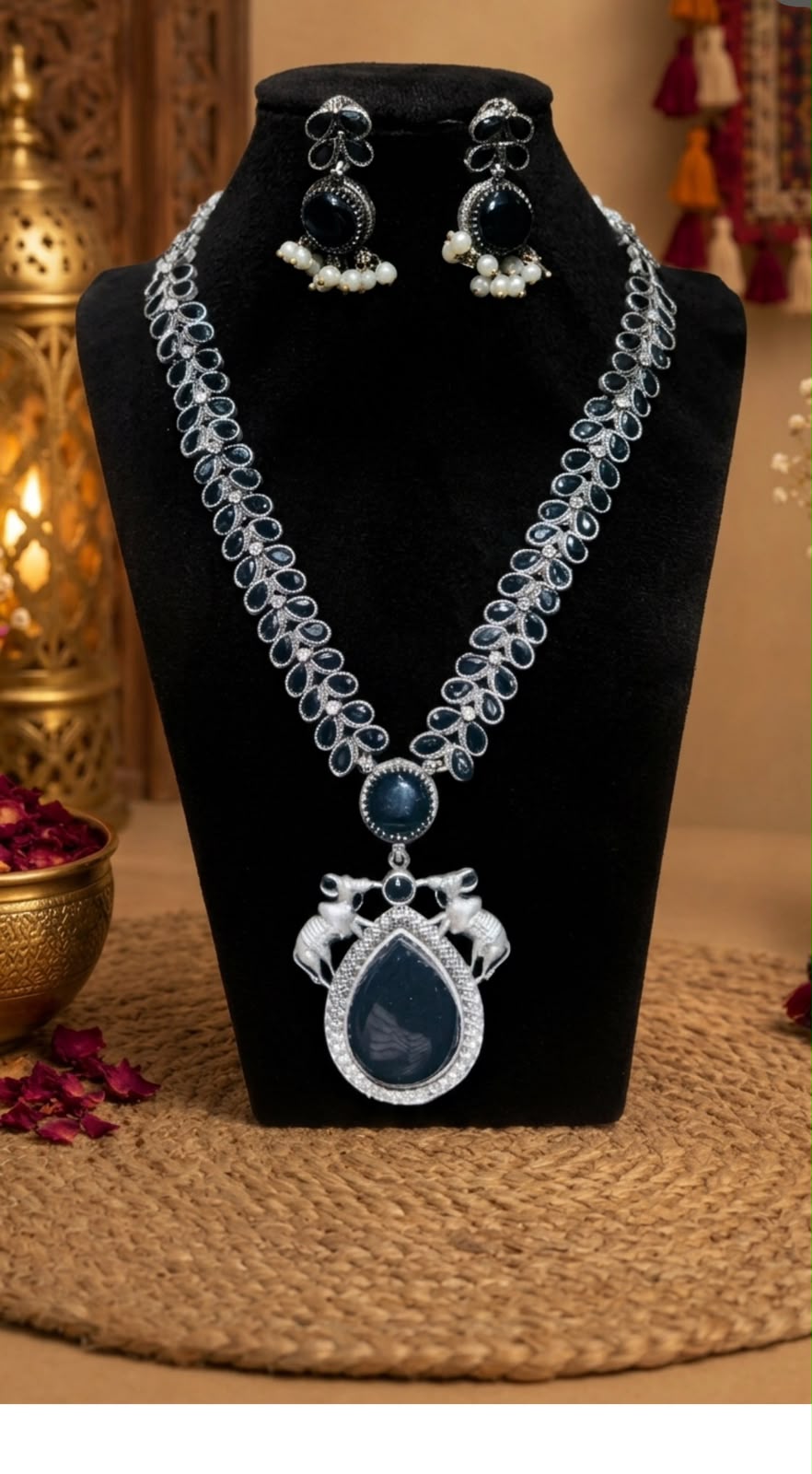 Oxidised Black Stone with Earring necklace set