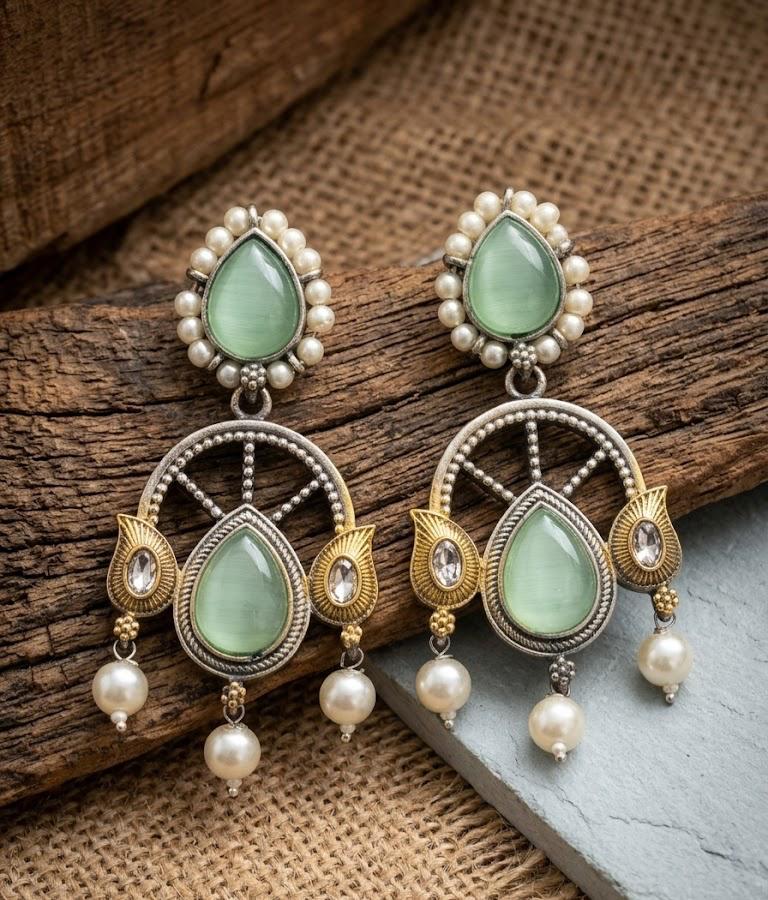 Oxidised Dual Tone with Mint Green Stone and Pearl Hangings