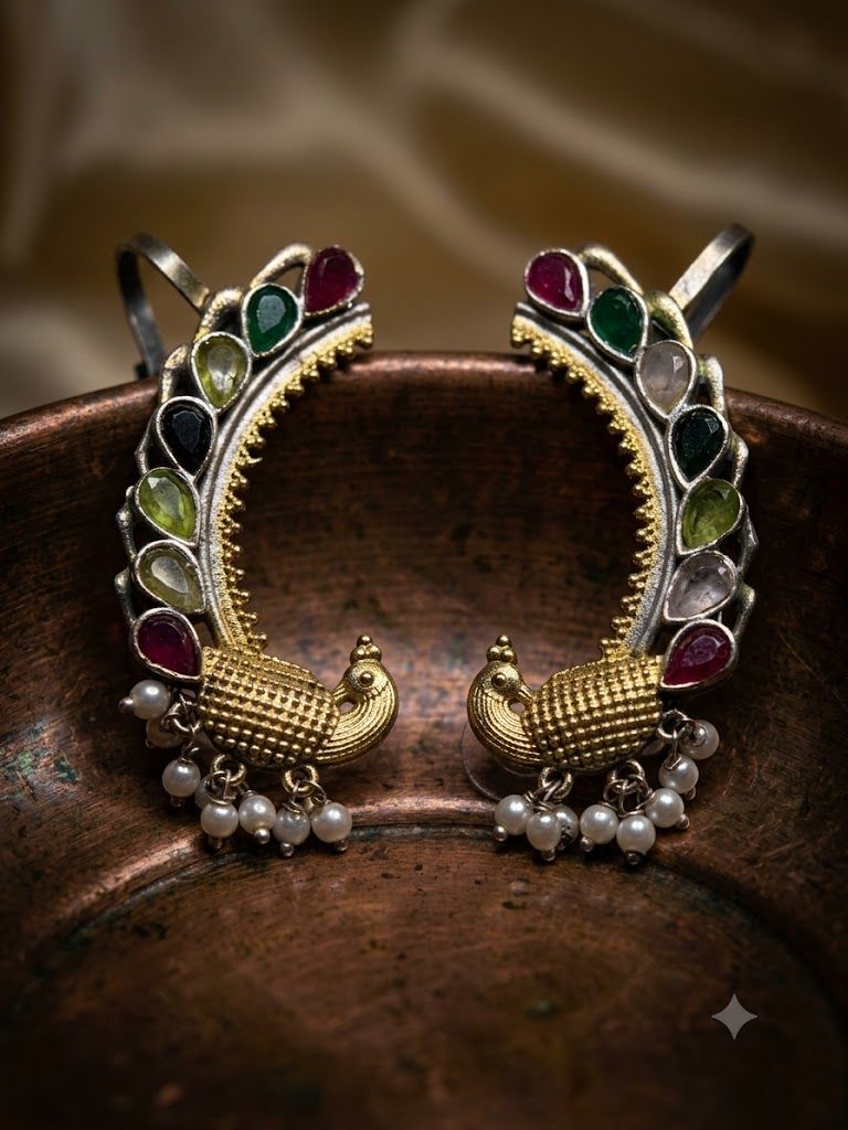 Dual Tone Multicolor Bead Earcuff with Pearl hangings in Peacock Design