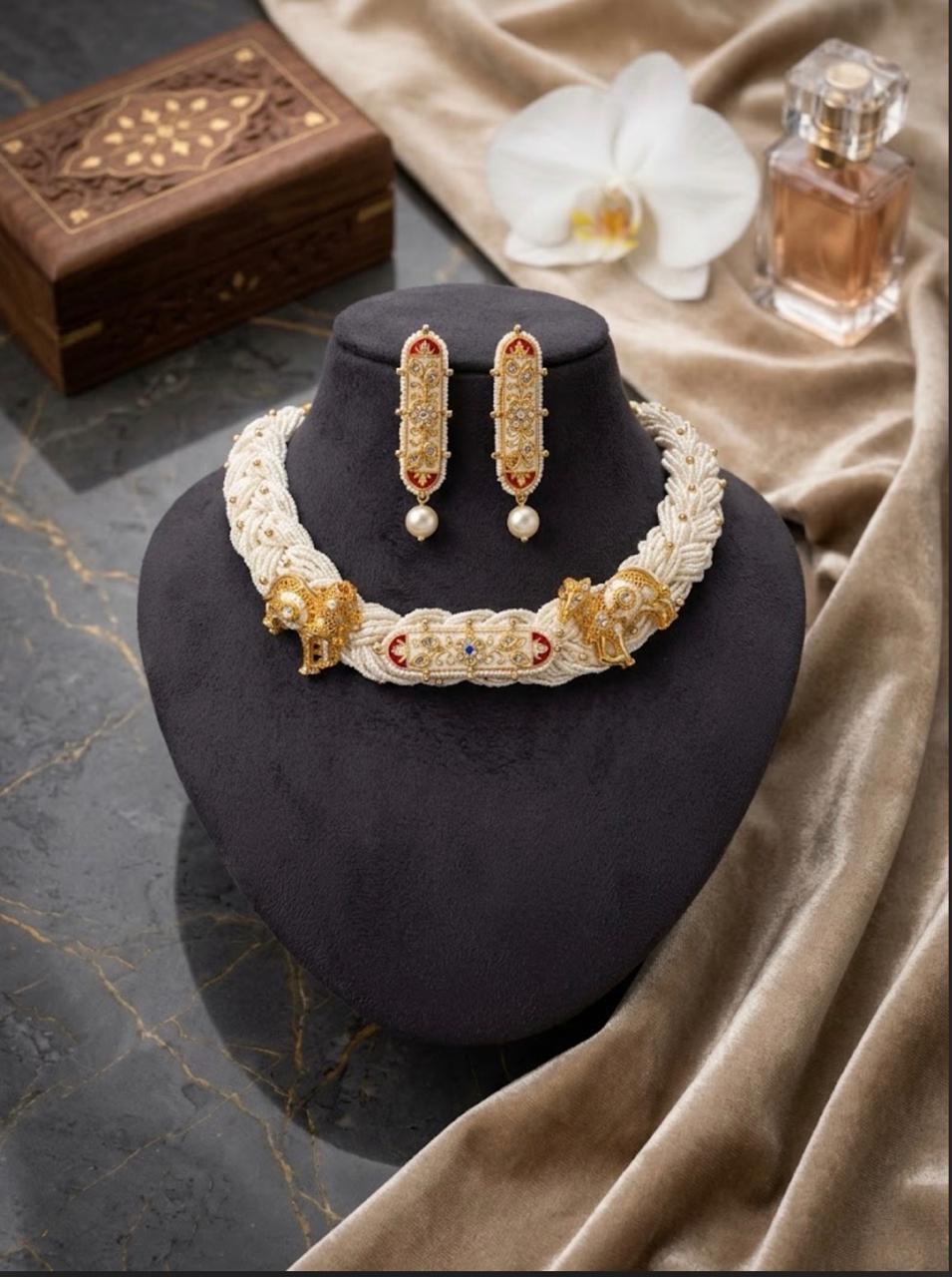 White Braided Threaded Choker Set with Paired Earring