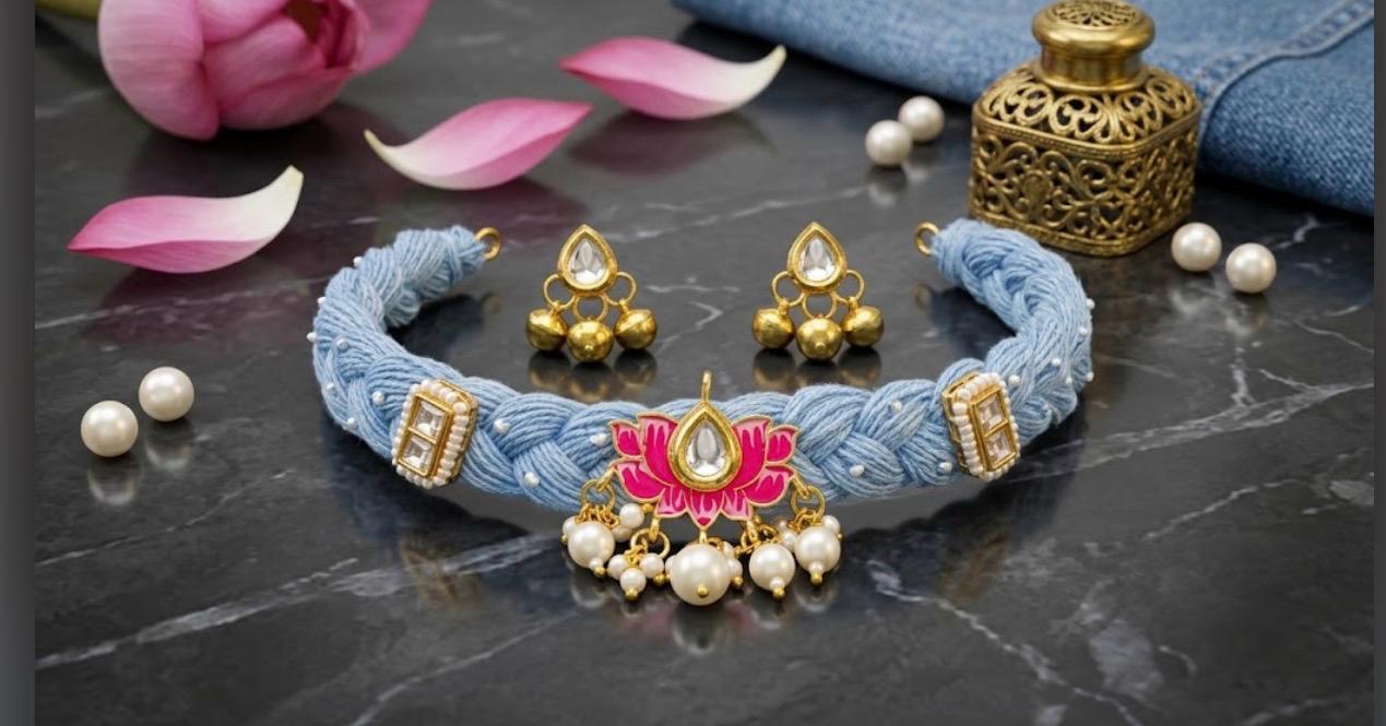 Pastel Blue Braided Threaded Choker Set with Paired Earring