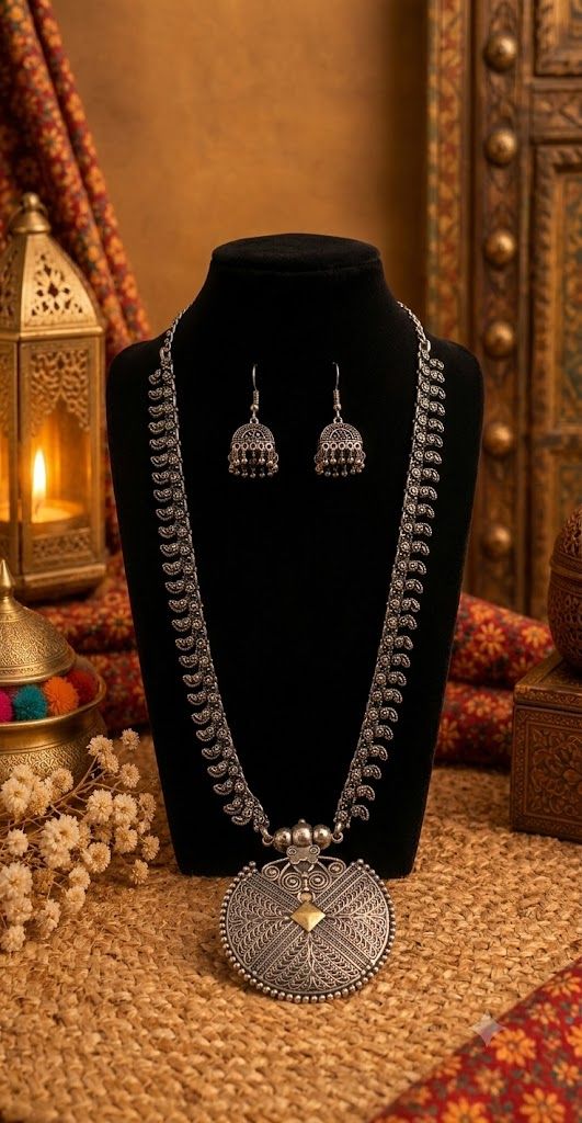 Round Long Oxidised Chain Pendant with Jhumka Earring