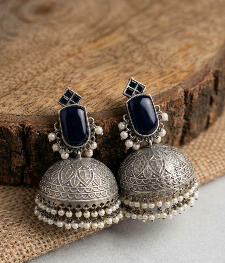 Oxidised Statement Jhumka Black Stone with Pearl Hangings