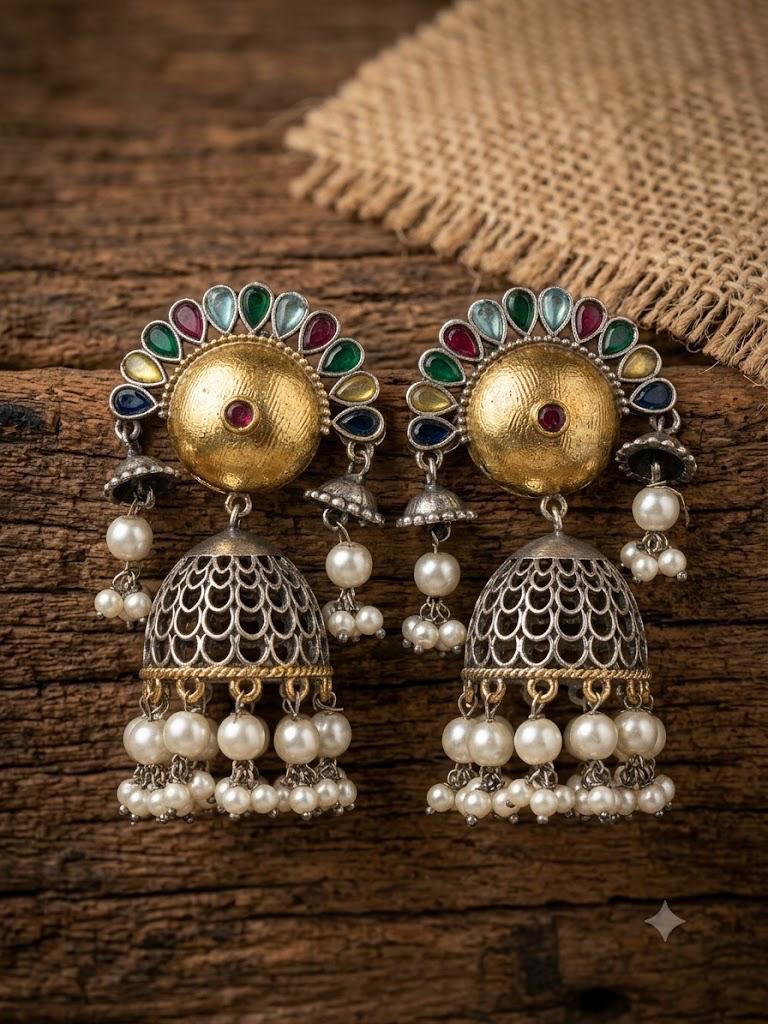 Dual Tone Jhumka with Multicolor Stone