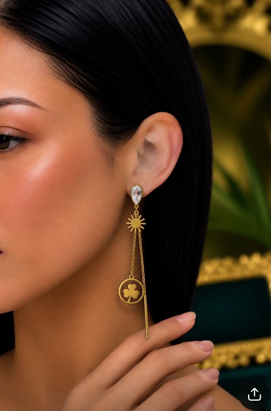 Statement Earring -crystal stud with chain clover hanging