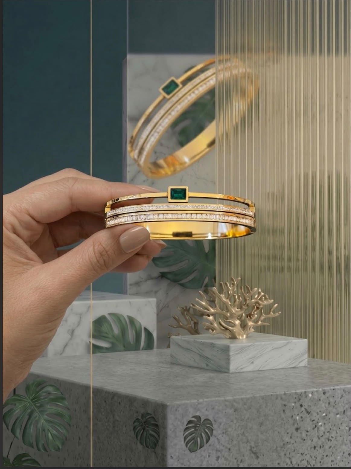 Layered kada with stone and single green stone