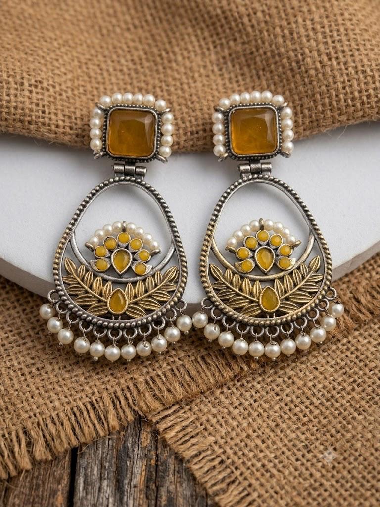 Oxdised Statement Dual Tone Yellow Stone and Pearl Hangings