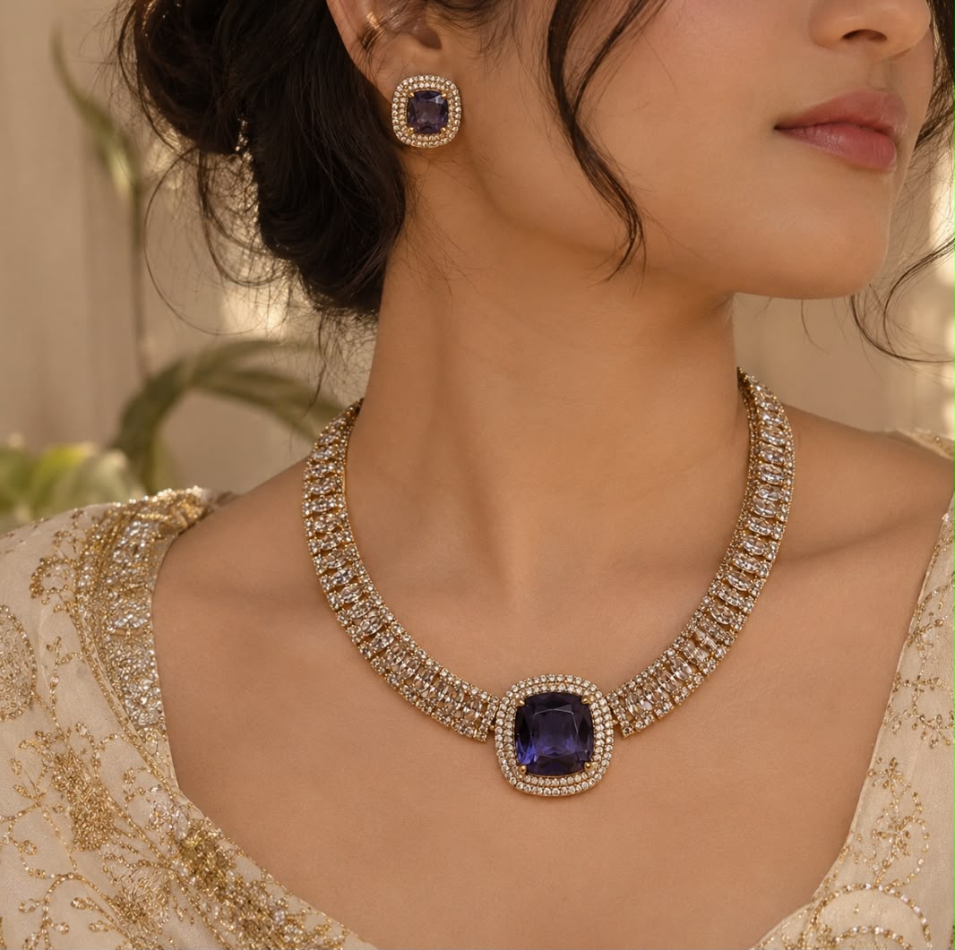 AD necklace with Violet Pendant Paired with Stud Gold colour base