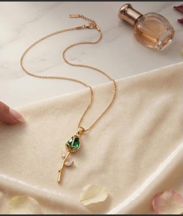 Single Green Tulip pendant in chained necklace