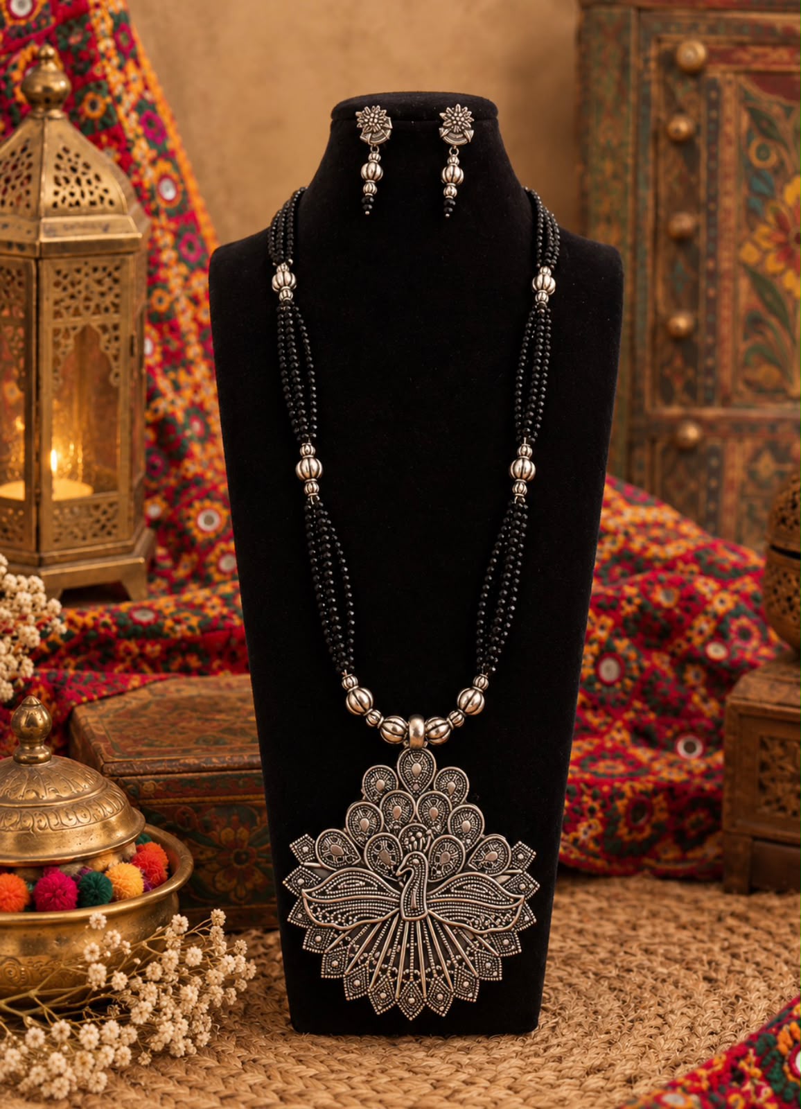 Crystal Black Chain with Oxidised Peacock Pendant and Earring