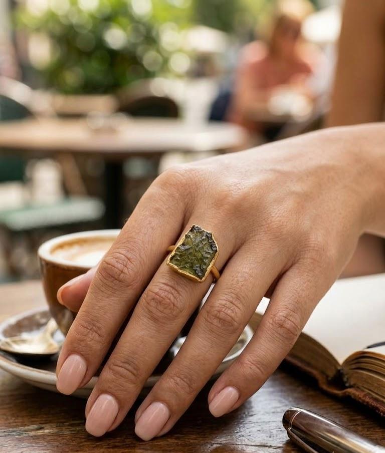 Raw Moldavite Stone Quartz Crystal single statement ring