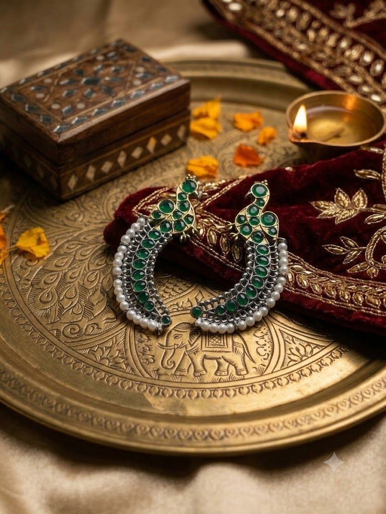 Dual Tone Green Bead Earcuff with Pearl hangings in Peacock Design