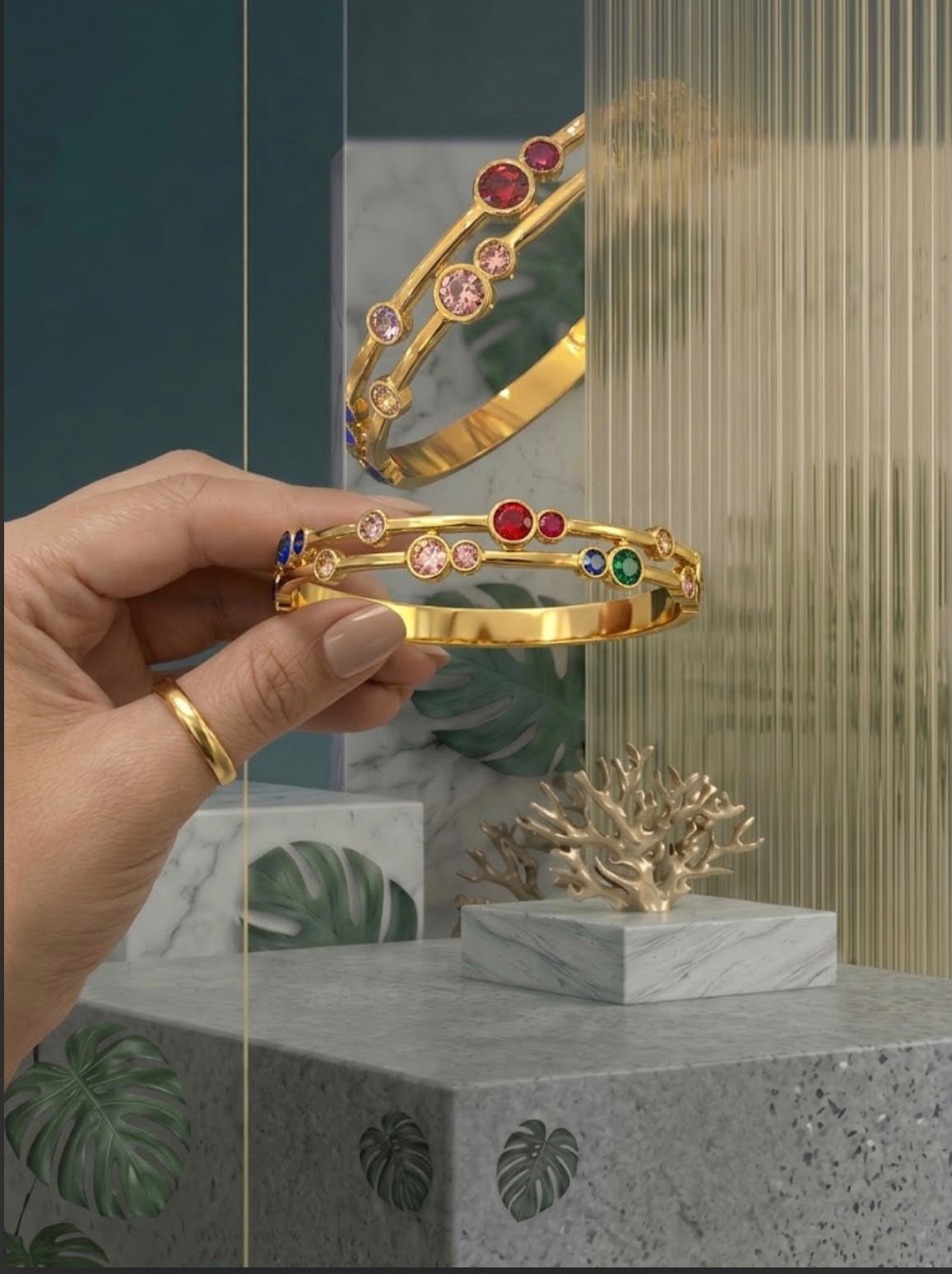Multi coloured stone in double layered bangle