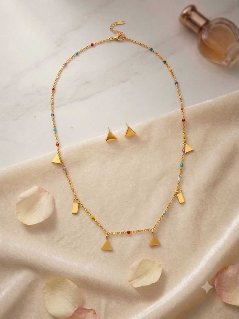 Multi colour small beads with solid trainagle shape in chained ring paired with earring