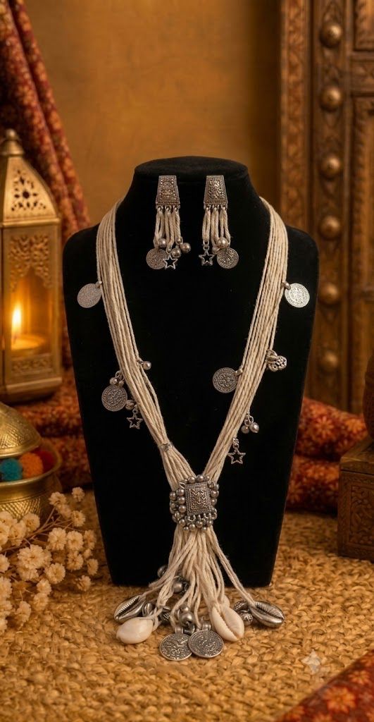 Off white Thread Long Chain Oxidised Pendant with Earrings