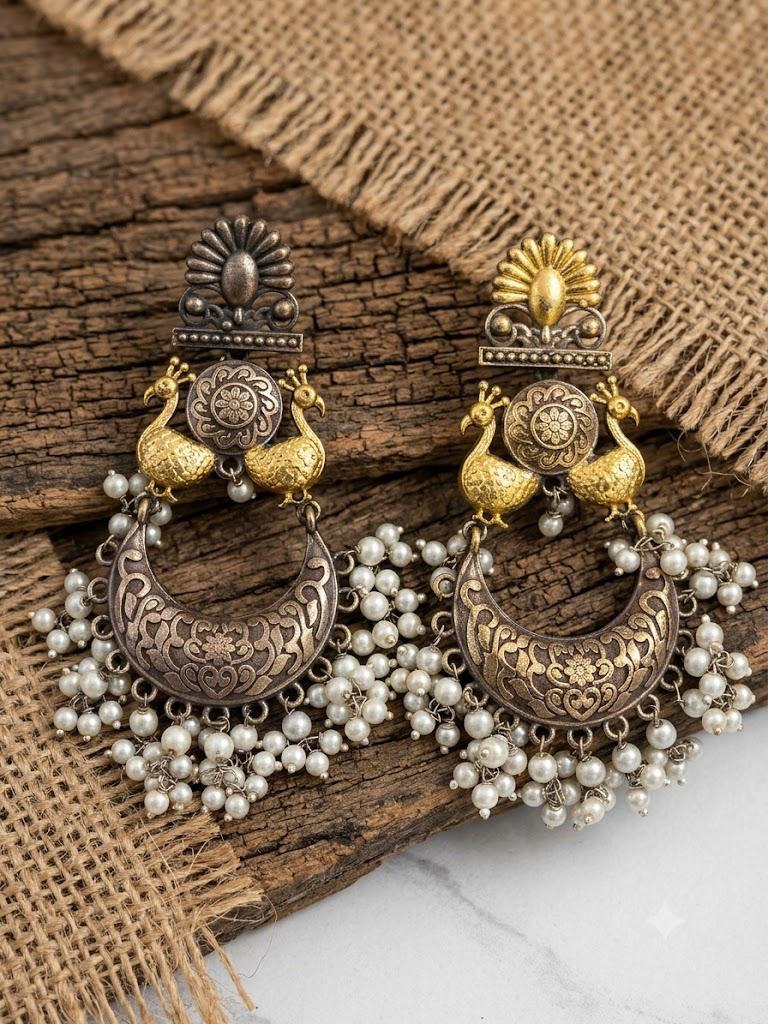 Dual Tone Peacock Earring with Pearl Hangings