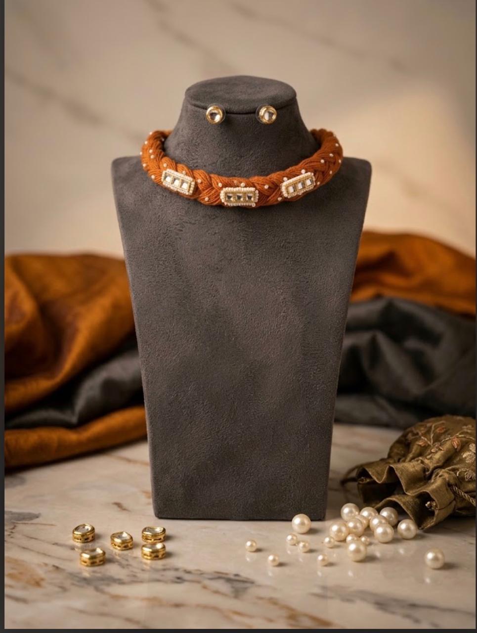 Orange Braided Threaded Choker Set with Paired Earring