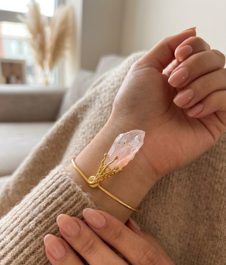 Uncut  Raw Rose quartz single stone with  copper base